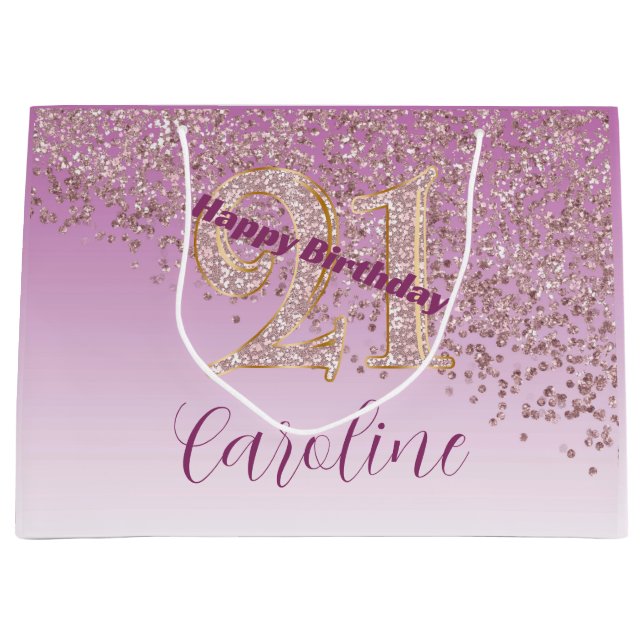 Sacola Para Presentes Grande Pretty Falling Rose Gold Glitter 21st Birthday (Frente)