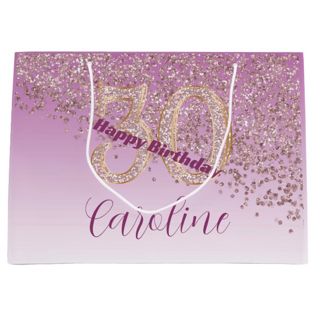 Sacola Para Presentes Grande Pretty Falling Rose Gold Glitter 30th Birthday (Frente)