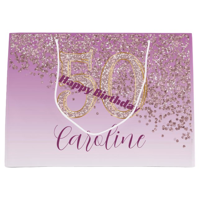 Sacola Para Presentes Grande Pretty Falling Rose Gold Glitter 50th Birthday (Frente)