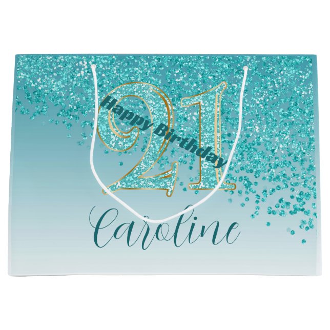 Sacola Para Presentes Grande Pretty Falling Teal Blue Glitter 21st Birthday (Frente)