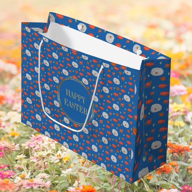 Sacola Para Presentes Grande Primavera Blue Floral Patterno Christian Felz pasc (Spring Blue Watercolor Floral Pattern Religious Christian Catholic Happy Easter Gift Bag)