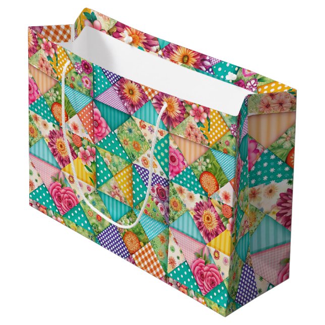 Sacola Para Presentes Grande Primavera Patchwork sem costura - Saco médio de pr (Frente inclinada)