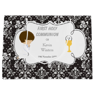 Sacola Para Presentes Grande Primeira Comunhão Brunette Black Damask