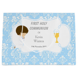 Sacola Para Presentes Grande Primeira Comunhão Brunette Blue Damask