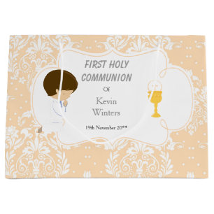 Sacola Para Presentes Grande Primeira Comunhão Brunette Peach Damask
