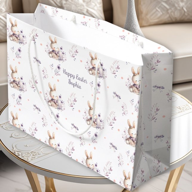 Sacola Para Presentes Grande Primeira Páscoa Coelhinha Personalizada Nome Roxo (First Easter Girl Bunny Personalized Name Purple Large Gift Bag)