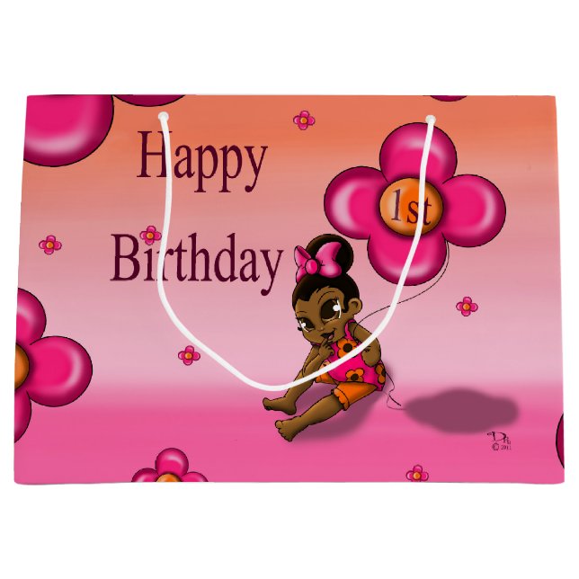 Sacola Para Presentes Grande Primeiro aniversario Bebê Afro-Americano (Frente)