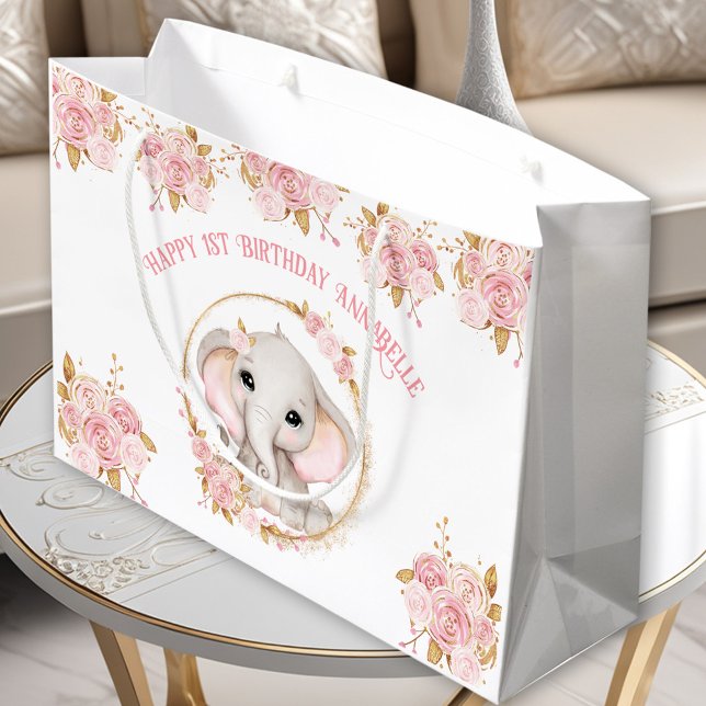 Sacola Para Presentes Grande Primeiro aniversario Branco Cor-de-rosa-elefante (Cute Elephant Girl Pink White 1st Birthday Large Gift Bag)