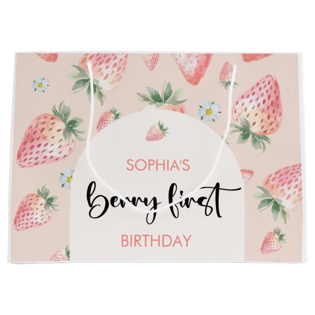 Sacola Para Presentes Grande Primeiro aniversário de criança de morango (Frente)