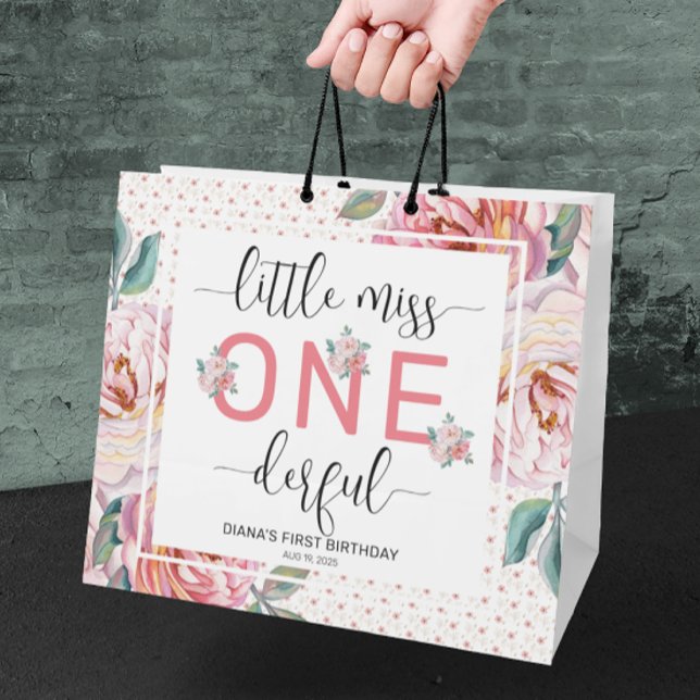 Sacola Para Presentes Grande Primeiro aniversario Floral Rosa, Brilhante (Criador carregado)