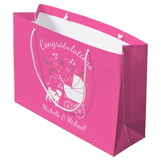 Sacola Para Presentes Grande Pug Dog Chá de fraldas Girl Pink with Arco (Verso inclinado)
