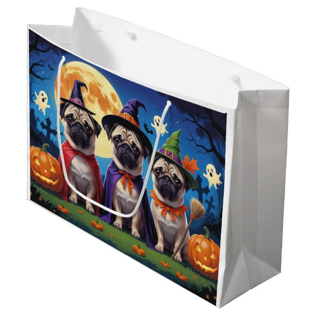 Sacola Para Presentes Grande Pug Dog Pumpkin Halloween Engraçado (Frente inclinada)
