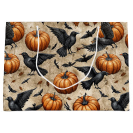 Sacola Para Presentes Grande Pumpkins, Corvos e o Padrão do Dia das Bruxas do M