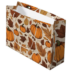 Sacola Para Presentes Grande Pumpkins Laranja e Folhas de Outono