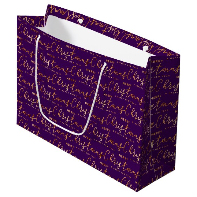 Sacola Para Presentes Grande Purple and Gold Merry Christmas Word Art (Frente inclinada)