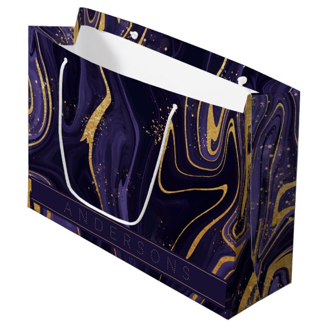 Sacola Para Presentes Grande Purple Dourado Marble Effect Name Merry Christmas (Frente inclinada)