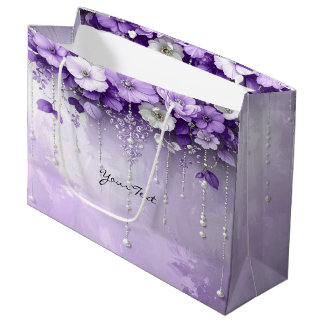 Sacola Para Presentes Grande Purple Flowers with Dangling Pearls Gift Bag