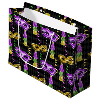 SACOLA PARA PRESENTES GRANDE PURPLE GOLD GREEN MARDI GRAS MASKS