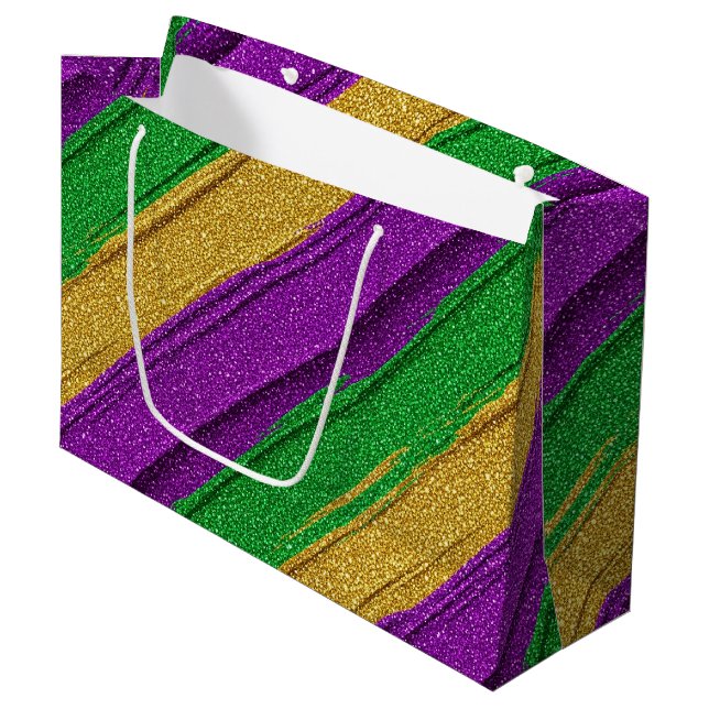 SACOLA PARA PRESENTES GRANDE PURPLE GREEN GOLD GLITTER LOOK MARDI GRAS (Frente inclinada)