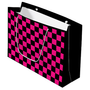 Sacola Para Presentes Grande Quadrados verificados retro geométrico preto-rosa-