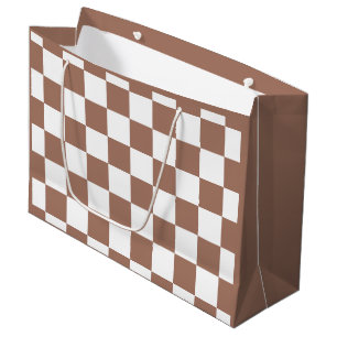 Sacola Para Presentes Grande Quadrados xadrez marrom mocha branco geométrico re