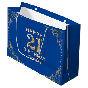 Sacola Para Presentes Grande Quadro azul e brilhante Dourado do aniversário de 