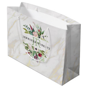 Sacola Para Presentes Grande Quadro floral branco de luxo e mármore de ouro