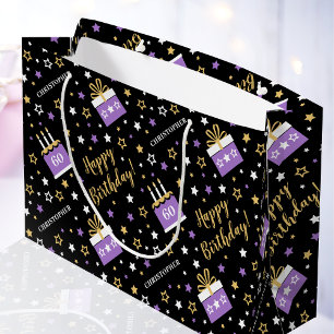 Sacola Para Presentes Grande Qualquer Idade Feliz Aniversário Bolo Roxo Preto