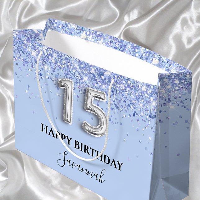 Sacola Para Presentes Grande Quinceanera baby blue glitter name (Criador carregado)