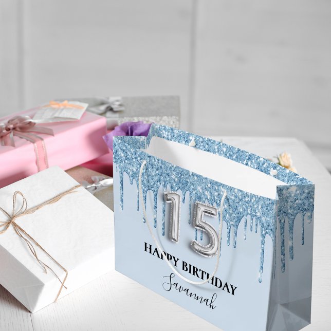 Sacola Para Presentes Grande Quinceanera baby blue glitter nome (Criador carregado)