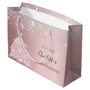 Sacola Para Presentes Grande Quinceanera blush cor-de-rosa-prateado vestido de