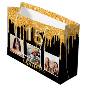 Sacola Para Presentes Grande Quinceanera - dourado preto - goteja foto
