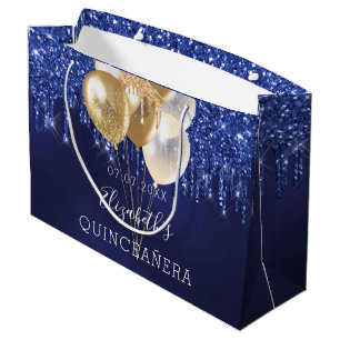 Sacola Para Presentes Grande Quinceanera marinho ouro azul brilho balões