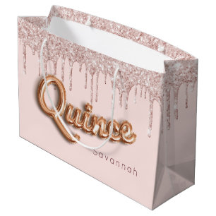 Sacola Para Presentes Grande Quinceanera pincelada cor-de-rosa pinga rosa ouro