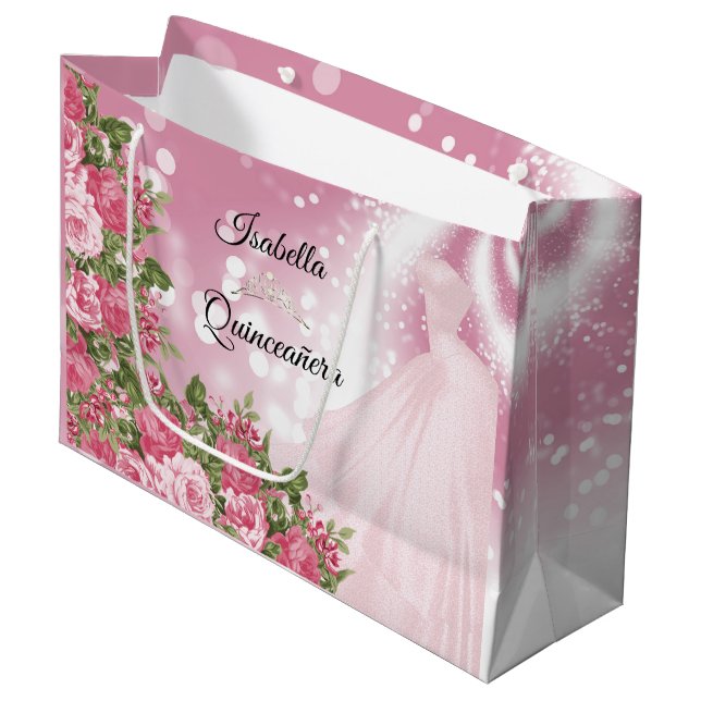 Sacola Para Presentes Grande Quinceañera Pink Mauve Gown e Flores (Frente inclinada)