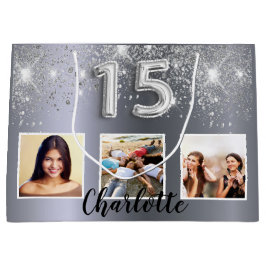 Sacola Para Presentes Grande Quinceanera prata gliter nome da foto