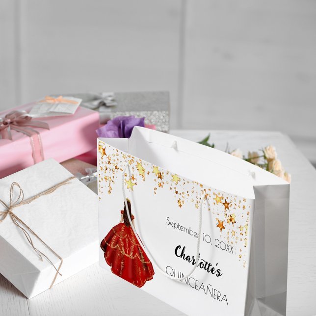 Sacola Para Presentes Grande Quinceanera red White gold stars vestem tiara (Criador carregado)