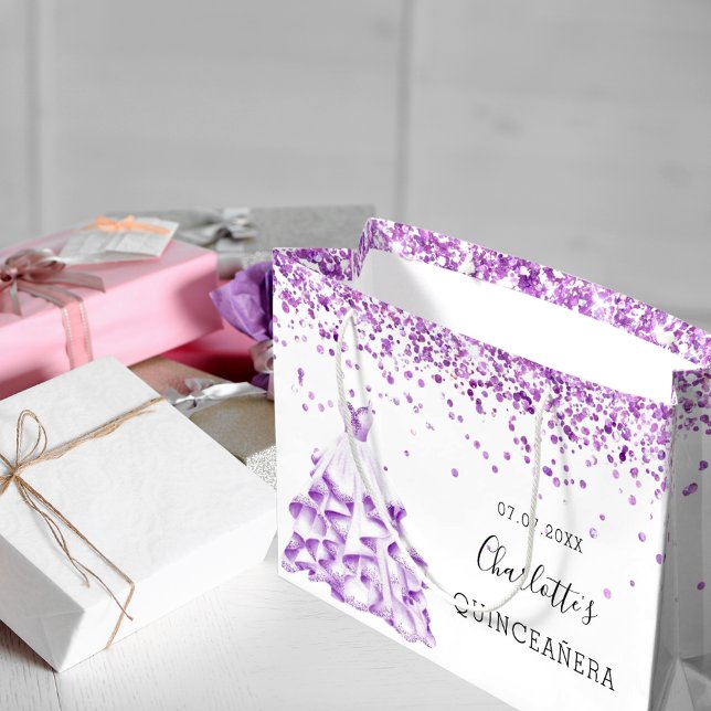 Sacola Para Presentes Grande Quinceanera white roxo pó de pó (Criador carregado)