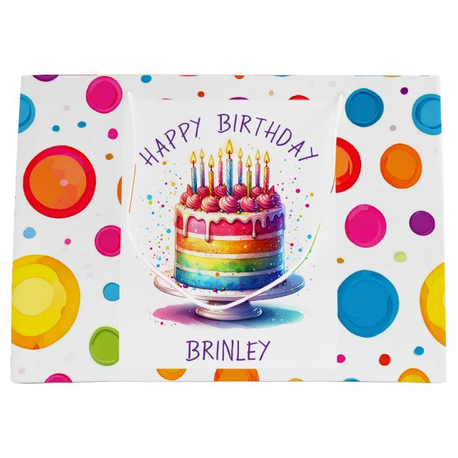 Sacola Para Presentes Grande Rainbow Cake Happy Birthday (Frente)