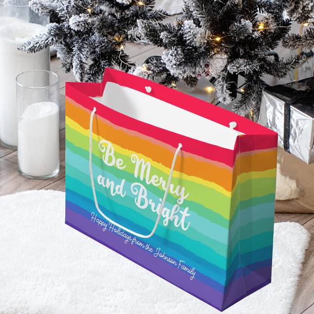 Sacola Para Presentes Grande Rainbow Christmas Be Feliz and Bright Custom Party (Criador carregado)
