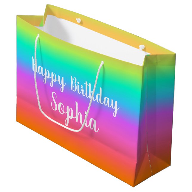 Sacola Para Presentes Grande Rainbow Happy Birthday Nome Personalizado (Frente inclinada)