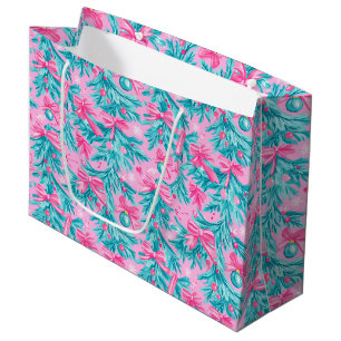 Sacola Para Presentes Grande Raminhos e Enfeites de Natal Rosa e Verde-Menta