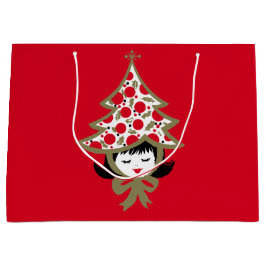 Sacola Para Presentes Grande Rapariga de Natais vintages com chapéu de árvore