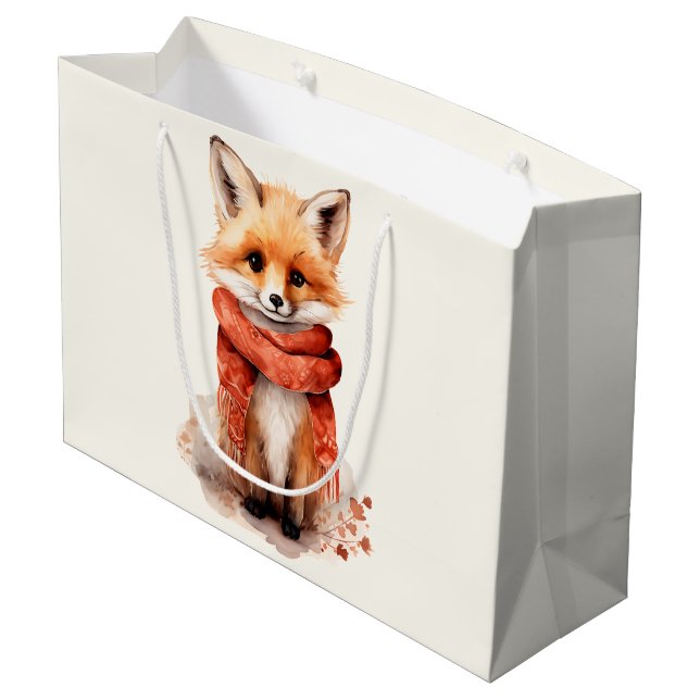Sacola Para Presentes Grande Rapariga Raposa Fofa com um Cachecol Vermelho (Verso inclinado)