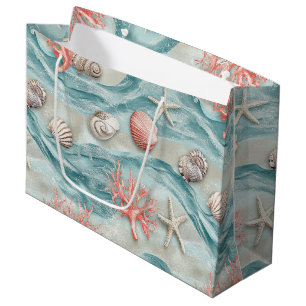 Sacola Para Presentes Grande Recife de Coral Conchas & Ondas Aqua Padrão (12)