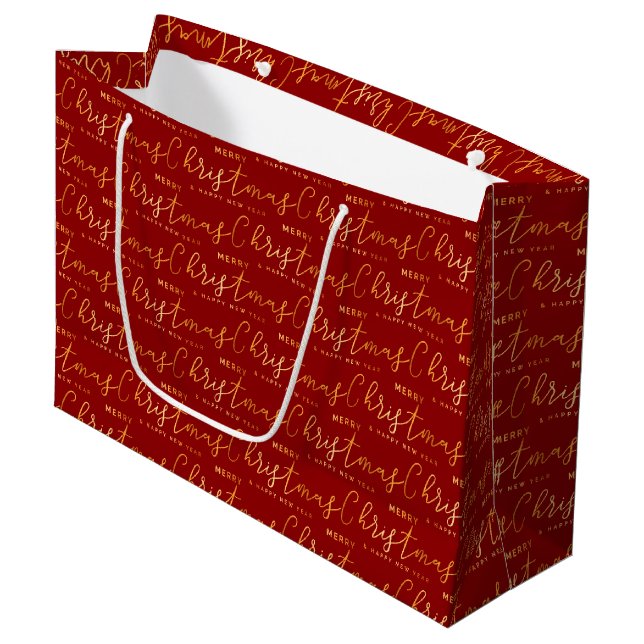 Sacola Para Presentes Grande Red and Gold Merry Christmas Word Art (Frente inclinada)