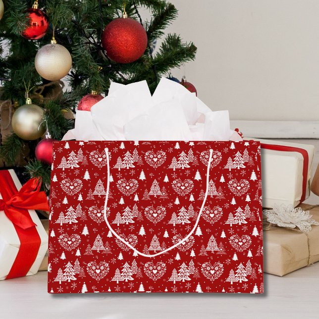 Sacola Para Presentes Grande Red and White Scandinavian Heart & Christmas Tree (Criador carregado)