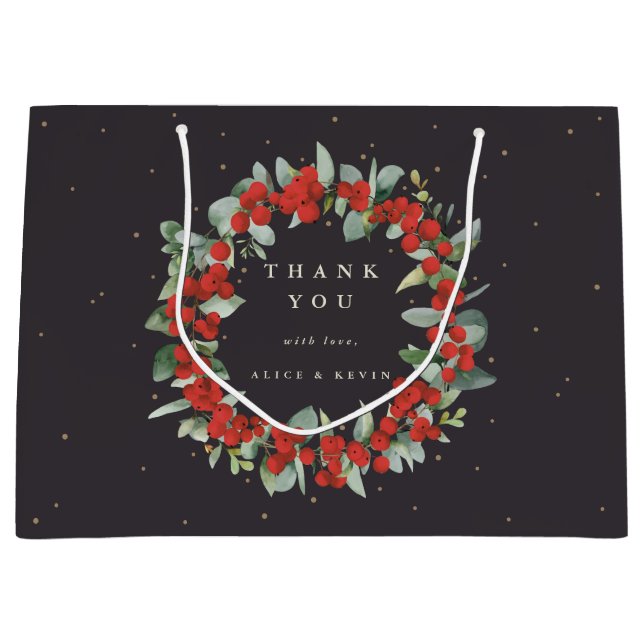 Sacola Para Presentes Grande Red Berry+Eucalyptus Natal/Férias Obrigado (Frente)