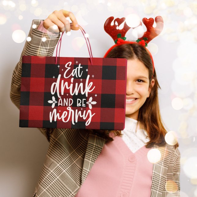 Sacola Para Presentes Grande Red Buffalo Plaid “Eat, Drink & Be Merry” (Criador carregado)