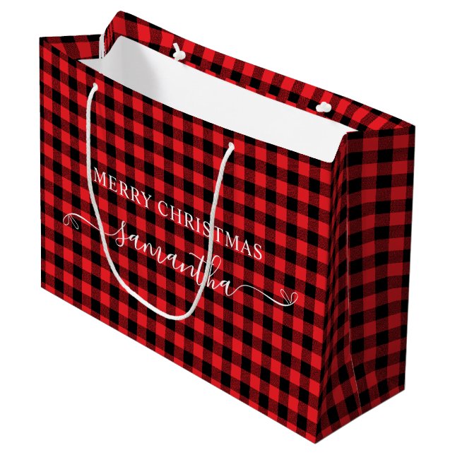 Sacola Para Presentes Grande Red Buffalo Plaid Merry Christmas Cute Bow Name (Frente inclinada)